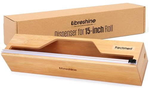 Libreshine Long Foil and Plastic Wrap Organizer with Cutter, Holder for 15 Inch Parchment Paper Roll, Bamboo Wall Mount Kitchen Wrap Dispenser