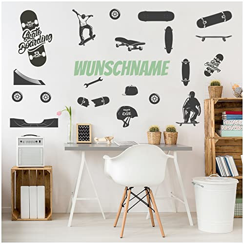 Wandsticker personalisiert mit Name Wandtattoo für Jugendzimmer Kinderzimmer Wohnzimmer Wandbild Mädchen Junge Teenager selbstklebend Y065 (Mit Wunschname, 04 Skateboard)