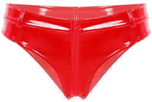 Agoky Damen Wetlook String Tanga sexy Mini Slip Lack Lederoptik Hipster Shorts Gürtel Taille Reizwäsche Gogo Clubwear Rot G M