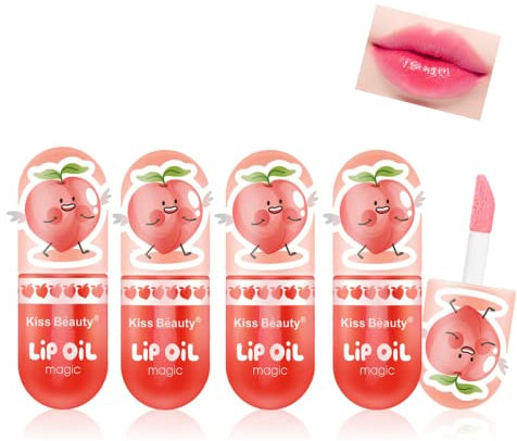 Pakivs 4Pcs Color Changing Hydrating Lip Oil Set,Peach Moisturizing Temperature Color Changing Lip Gloss Long Lasting Natural Lip Tint Lip Oil for Lip Care
