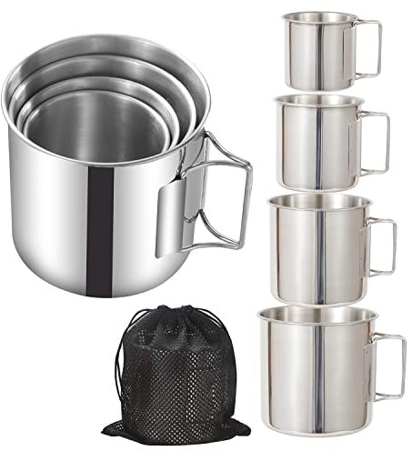 MOUFIER 4 Pieces Outdoor Camping Mugs Set, 304 Stainless Steel Mugs Set with Foldable Handles for Camping Hiking Backpacking Picnic