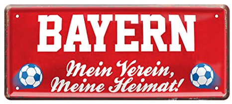 Fußball Bayern Blechschild - Deko Fanartikel für Wohnzimmer Kinderzimmer Büro - schöne Geschenkidee für große und kleine Bayern Fans - Metallschild mit Befestigungsset - 28x12cm