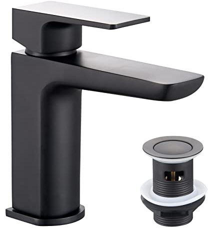 KEDWILL® Mono Basin Mixer Tap with Click Clack Sprung Waste Bathroom Sink Hot and Cold Faucet Solid Brass Modern Matt Black Easy to Fit/Install