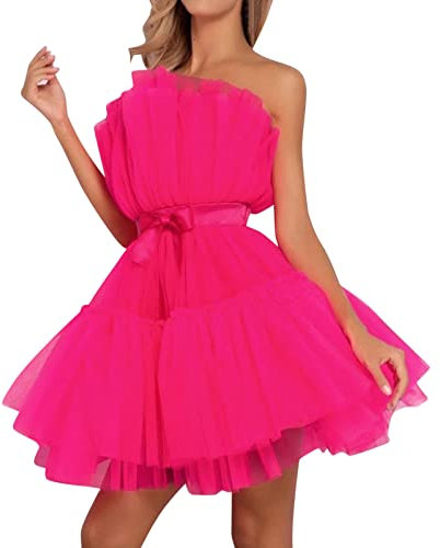 QWUVEDS Abito da donna in tulle, corto, gonfio, senza spalline, in rete, per feste di compleanno, per cocktail party, Poofy Gown, rosa intenso, S