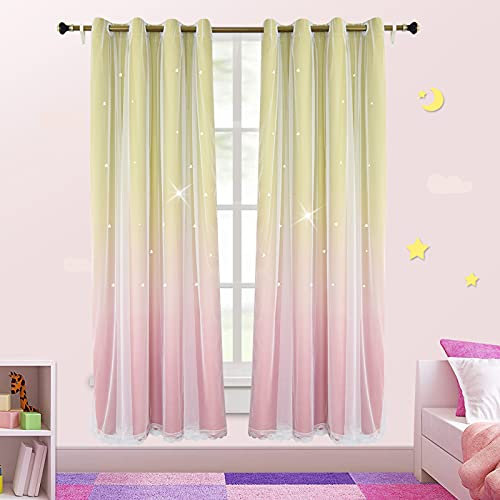 iyoimono Sternen Vorhänge Kinderzimmer Mädchen Voile Gardinen mit Ösen Verdunkelugsvorhang Gelb Rosa Vorhänge Farbverlauf Blickdicht für Schlafzimmer Wohnzimmer 1 Stück 160 x 132cm (H × B)