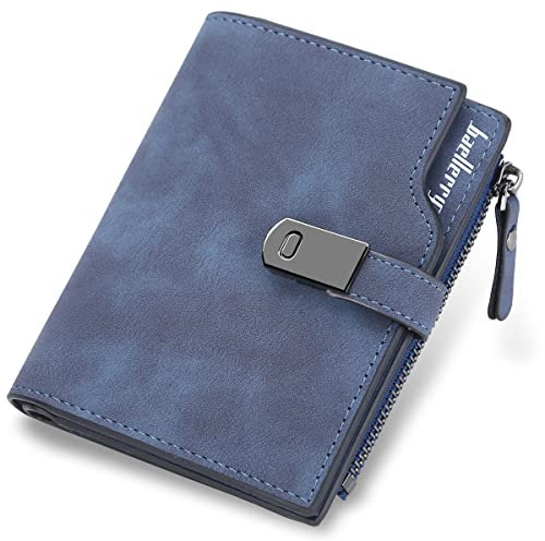 HNOOM Porte Monnaie Femme en Cuir PU Porte Feuilles pour Femme Court Lisse et Souple Petit Portefeuille Femme avec 16 Emplacements Cartes et Zippé Pochette à Monnaie (Bleu Foncé-S)
