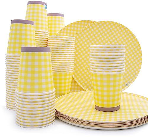 Wellsamed WELLSACUP 100 Stück Pappbecher 180 ml mit Teller, Gelb Kariert, geeignet für Heiß- und Kaltgetränke, Coffee to go, Picknick, Grillen, Party
