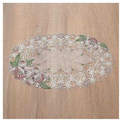 Deckchen Orchidee aus Echter Plauener Spitze gestickte Tischdecke mit Blumen-Muster in rosé 50 x 30 cm oval