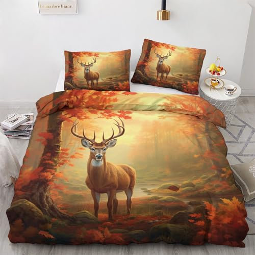 GEDAEUBA Hirsch Bettwäsche 135x200 - Waldtiere Herbstmotiv Bettbezug 135 x 200 2er Set, Wendebettwäsche und Kissenbezug 80x80, Weiche & Angenehme Mikrofaser Bettwäsche-Sets mit Reißverschluss