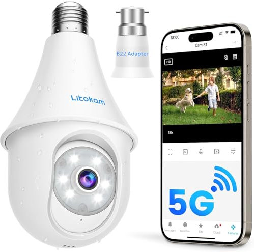 litokam Light Bulb Security Camera, 5MP 2K WiFi Socket Cam for Home, 5G/2.4G Wireless Outdoor/Indoor Light Bulb Cameras with B22 adaptor, Alarm Siren, Work with Alexa