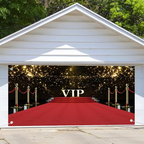 Toile de fond rouge pour porte de garage, thème film VIP, 1,8 x 4 m, rideau rouge pailleté doré, bannière photo, fournitures de décoration