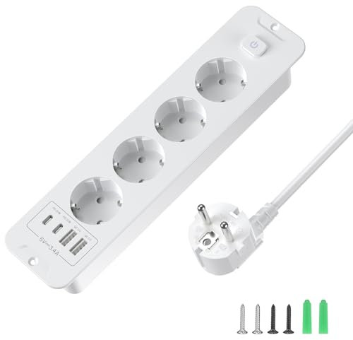 Prise encastrée Quadruple avec USB-C PD 20W | Barrette de 2M avec Interrupteur | pour Plateaux de Bureau et Tables de conférence | 16A/4000W Max, câble 3x1.5mm² | Blanc