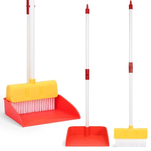 Kids Cleaning Toy Set Toddlers Broom Dust Pan Set for Housekeeping Pretend Play Cleaning Set, Cleaning Toys Gift for Toddlers Girls Boys Age 3-6 Years Old (2PCS - Red and Yellow Set)