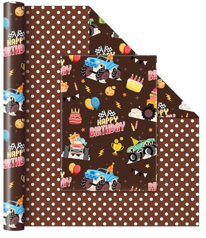 WERNNSAI Monster Truck Wendbare Geschenkpapier – 1 Rolle 43 cm x 10 m Happy Birthday Geschenkpapierrolle für Kinder Rennen Geburtstagsgeschenk für Jungen Monstertruck Packpapier