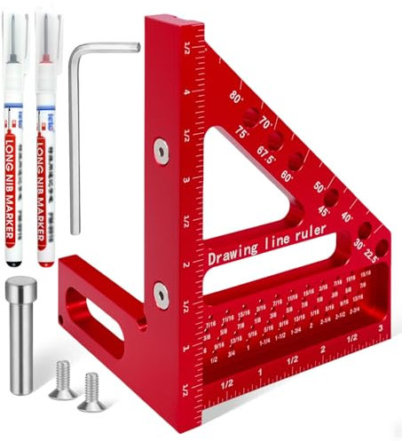 1 Stück Zimmermannswinkel 3D Gehrungswinkel Multifunktional 22.5-90 Grad Anschlagwinkel Aluminiumlegierung hochpräzise Schreinerwinkel Messwerkzeug Winkelmesser für Tischler Ingenieur (Rot)