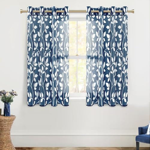 MRTREES Gardinen mit Ösen Transparent Wohnzimmer Modern Kurz Fenster 2er Set, 160 cm Lang, 140 cm Breit, Vorhang Marineblaue Weißen Blätterdrucken Muster Vorhänge Schlafzimmer Kinderzimmer Küche