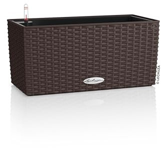 Lechuza - Vaso per piante Balconera Cottage 40 moka, con sistema di irrigazione, indicatore del livello dell'acqua e inserto per piante, effetto intrecciato, 40 x 19 x 19 cm, 15472
