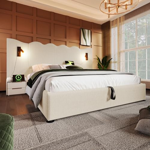 Bett 160×200 mit LED und USB, Polsterbett 160×200 cm, Doppelbett mit Lattenrost Massivholz und Metall, Stauraumbett Jugendbett Bettgestell Cordstoff Beige Weiß (Ohne Matratze)