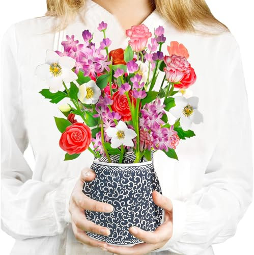 Hierein Pop Up Karte, Romantische Rose Blumen Geburtstagskarte mit Umschlag, 3D Blaues und Weißes Porzellan Geburtstagskarte Pop Up für Frau Mama Ehefrau Freunde, Danke Karte, Geburtstagsgeschenk
