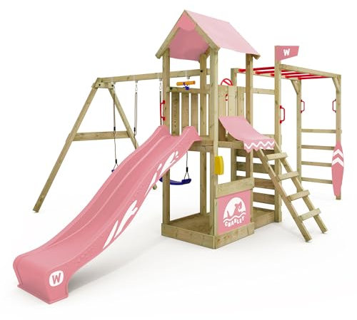 WICKEY Spielturm Klettergerüst Smart Baboon mit Schaukel & Rutsche, Outdoor Kinder Kletterturm mit Sandkasten, Leiter & Spiel-Zubehör für den Garten (Pastellpink)