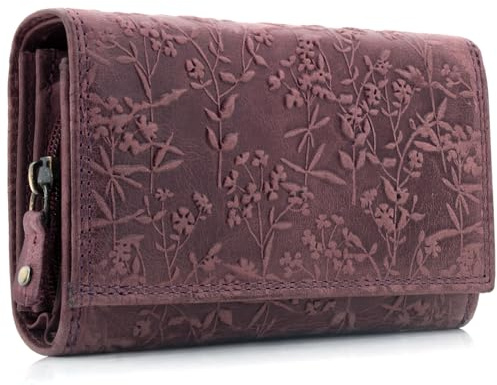ekavale Stilvolle Damen Geldbörse aus Leder mit Blumenprägung und RFID-Blockierung, langes Design mit Druckknopf (Lila)