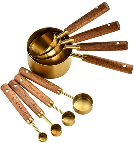 Stainless Steel Measuring Cups and Spoons Set, 8PCS Gold Measuring Cups and Spoons with Wooden Handle, with Scale, Stainless Steel and Set