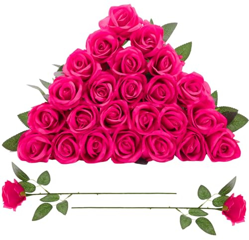 saerryor Hot Pink Artificial Flowers 24 PCS Pink Roses Artificial Flowers Silk Fake Roses Wedding Bridal Bouquet for Arrangement Home Party Decorations
