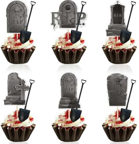 48 Stück Halloween Cupcake Topper, Grabstein Muffin Deko Halloween Kuchen Deko Friedhofs Tortendeko Schreckliche Cake Toppers für Halloweens Party, Geburtstage, Cosplay