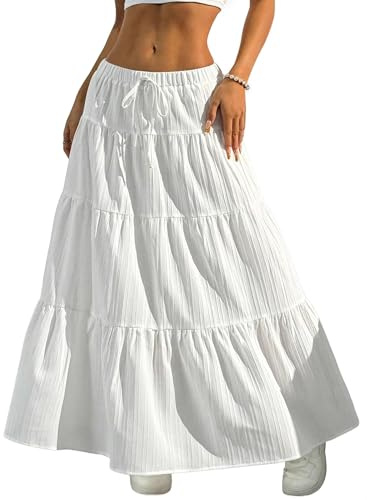 DERAX Women's Boho Flowy Maxi Skirts Elegant Flared Ruffle Hem Elastic High Waisted Summer Fall A Line Long Skirts White S