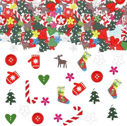 Tarqite 100 Stück Streudeko Weihnachten Holz, Weihnachten Konfetti Basteln, Weihnachtsdeko Holz Schneeflocke Weihnachtsbaum Knöpfen Rentier für Tischdeko Weihnachten, DIY Handwerk, Party Dekoration