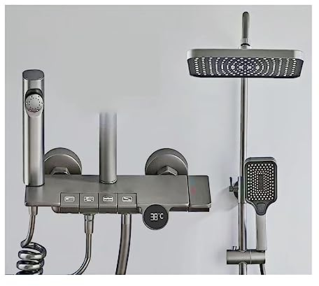Shower Panel, Piano Keys Shower Set,Wall Mounted Brass Matte Gray Digital Display Shower System Set, Bathroom Bathtub Hot and Cold Mixed Faucet(Flagship Matte Grey)