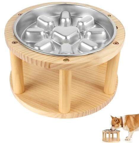 Vivifying Raised Dog Bowl, Stainless Steel Slow Feeder Dog Bowl with Pine Wood Stand, 15cm Height for Small&Medium Dogs