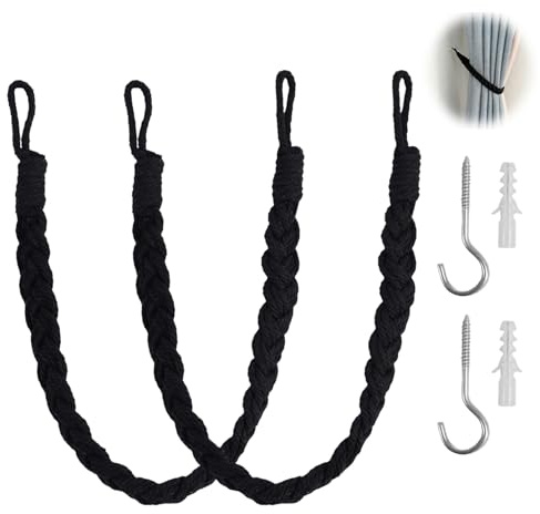 Curtain Tie Backs 2 Pack, Hand Knitting Curtain Tiebacks Cotton Rope Elegant Boho Style Curtain Ties with 2 Metal Hooks Soft Braided Drapery Drape Holdbacks for Home Office Decorative (Black)
