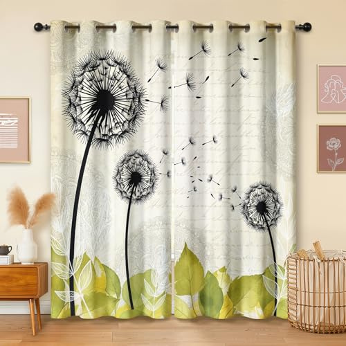 Havenix Pusteblume Vintage Creme Vorhänge Wohnzimmer Blickdichte Löwenzahn Florale Gardinen mit ösen Thermo Vorhang Gegen Kälte Verdunklungsvorhänge für Schlafzimmer 2er Set H 137 x B 117 cm