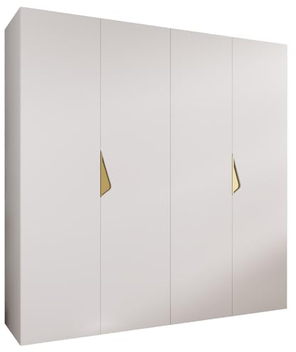 MEBLE KRYSPOL - Kleiderschrank - Garderobenschrank - 200 cm x 202 x 52 cm - Schrank mit Kleiderstange, 4 Türen - für Schlafzimmer, Flur - SANDI, Weiß, Griff Gold