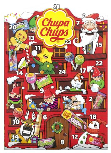 Chupa Chups Adventskalender 2026, Weihnachts-Kalender mit 24 Türchen, Lutscher & Kaugummi, Süßigkeiten, geeignet für Kinder und Erwachsene, 1x225g