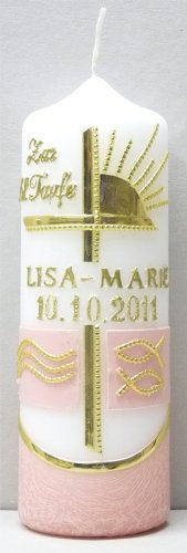netsells Taufkerze Zur HL. Taufe Motiv #012 * 6 x 18 cm * rosa * farbig getaucht * mit individuellem Name u. Taufdatum