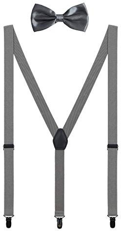 WANYING Herren Hosenträger Fliege Set 3 Schwarz Clips Y Form 2,5cm Hosenträger Einfach Schick Gentleman für Körpergröße 150-200cm - Dunkelgrau