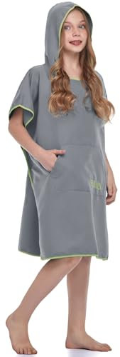 Umkleide-Poncho von FLYILY, Umkleide-Tuch mit Kapuze, leicht, Mikrofaser, mit Tasche, für Erwachsene und Kinder, Herren, grau, Large(Fit for Adult)