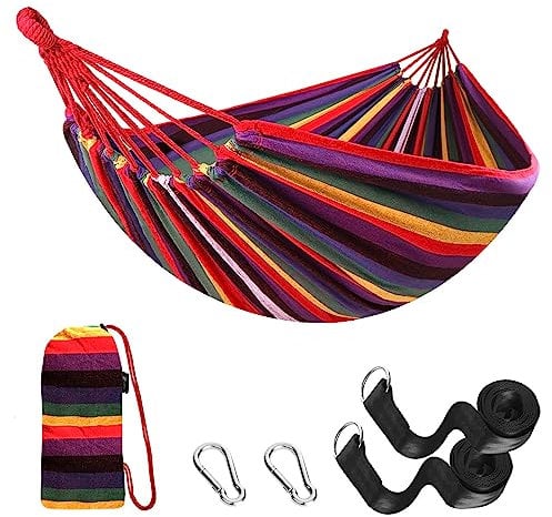 ANYOO Hängematte Outdoor Baumwolle Bequemer Stoff mit Baumfreundlichen Gurten zum Aufhängen, Robuste Tragbare Hängematte mit Reisetasche für Garten, Indoor, Balkon, Terrasse, Camping