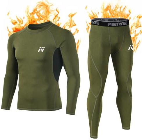 MEETWEE Thermounterwäsche Funktionsunterwäsche Herren, Skiunterwäsche Winter Suit Atmungsaktiv Lange Thermo Unterwäsche Set Thermowäsche Unterhemd + Unterhose-Grün-XL