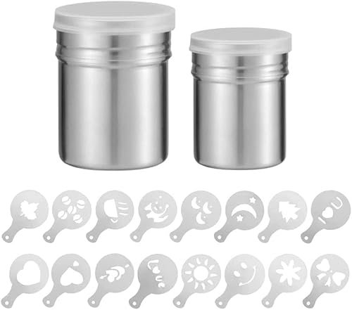 2 Misure di Alta Qualità in Acciaio Inox Shaker per Cacao e Zucchero, 16 Pezzi Caffè Cappuccino Stencil e Ganci
