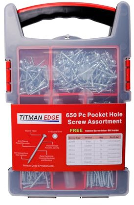 E.P.H. Pocket Hole Screws, 650pc Assorted Self-Tapping Zinc-Coated Square Drive Wood Screws for Hardwood & Softwood, Includes 150mm Driver Bit & Heavy-Duty Carry Case, EPHS650CASE