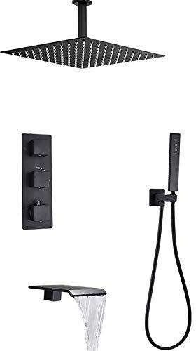Shower Set Système de Douche Thermostatique Ensemble de Douche Monté au Plafond Noir Mat Colonne de Douche avec Tête de Douche, Douchette à Mains, Cascade Robinet de Baignoire,8 inches