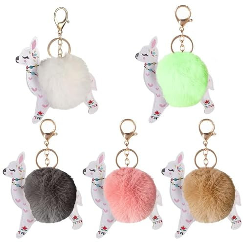 Select Zone Schlüsselanhänger Plüsch 5pcs Alpaka Pom Pom Schlüsselring Anhänger, Schlüsselband Kuscheltieranhänger PU Alpaka Plüschball Metallanhänger, Schlüssel Tasche Dekor