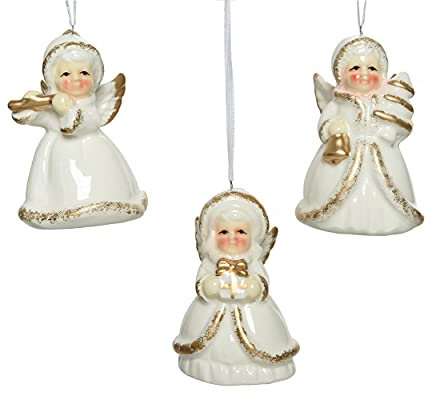 Decoris Christbaumschmuck Keramik Engel Figur 9cm x 1 Stück Sortiert Schutzengel Christkind wollweiß Gold