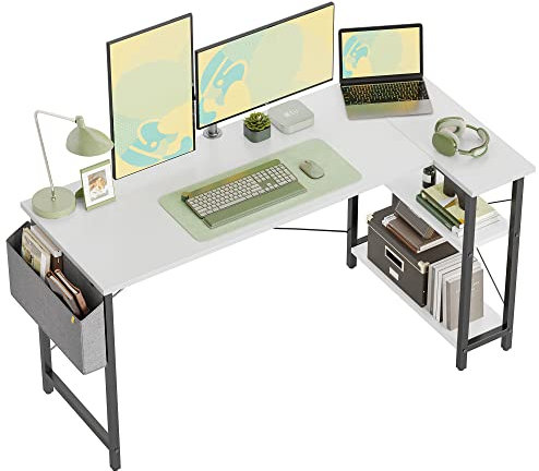 CubiCubi 140 cm Small L Shaped Computer Desk with Storage Shelves Home Office Corner Desk Study Writing Table, White