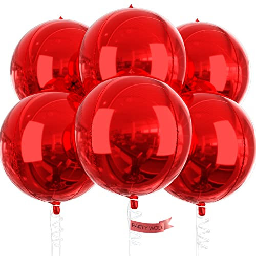 PartyWoo Rote Luftballons, 6 Stück rote Geburtstagsdekorationen, 55,9 cm große 4D-Folienballons und Band, große Mylar-Luftballons, metallische rote Luftballons für Junggesellinnenabschied, Brautdusche