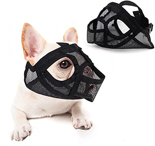 Maulkorb für Hunde mit kurzer Schnauze, verstellbar, Französisch/Englische Bulldogge, atmungsaktives Netz, Anti-Bissmaske, Kauen, Bellen – Training – Schwarz, S