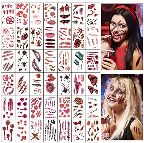 Tatouages Temporaires, 350 Pièces Autocollants d'Halloween, Tatouages de Cicatrice de Zombie, Araignées, Sang, Fissures d'horreur, Tatouage Visage pour Halloween